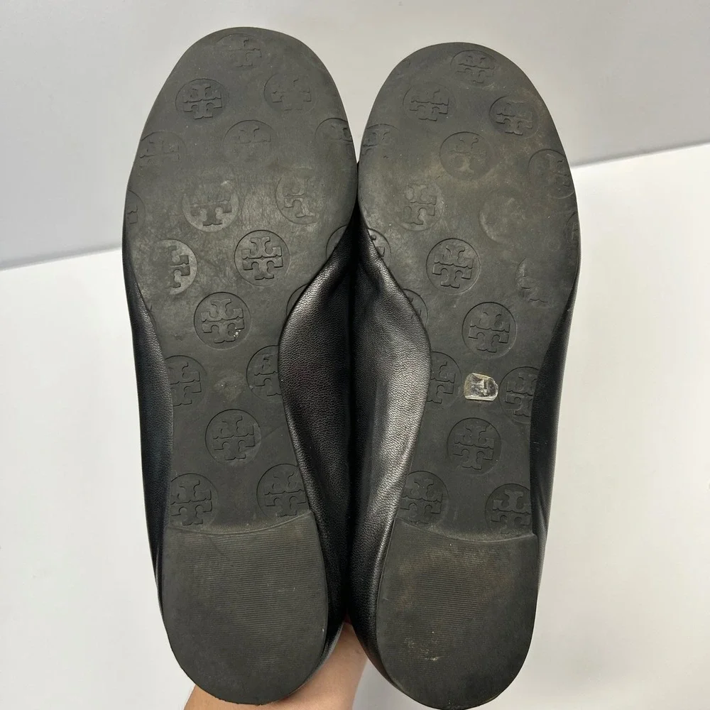 Tory Burch Reva Ballet Flats Black Women 7M Leather Silver Medallion Logo Classi